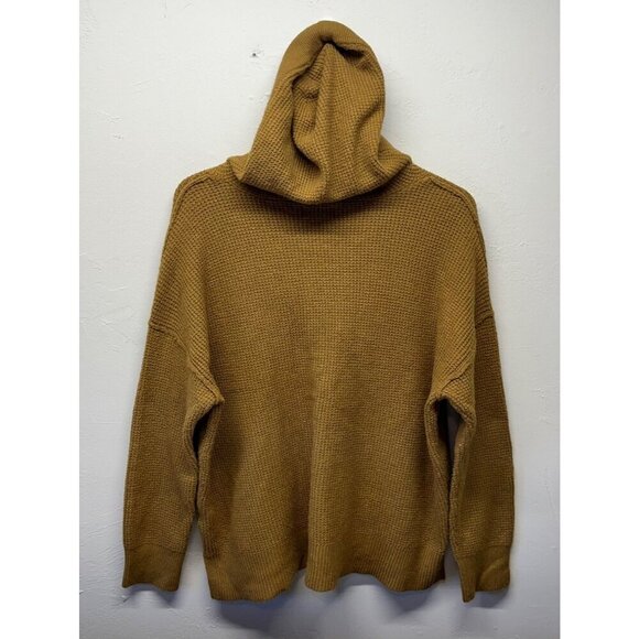 Aerie Oversized Waffle Knit Pullover Sweater V-Neck Hood Womens Small Gold Brown - Picture 5 of 7